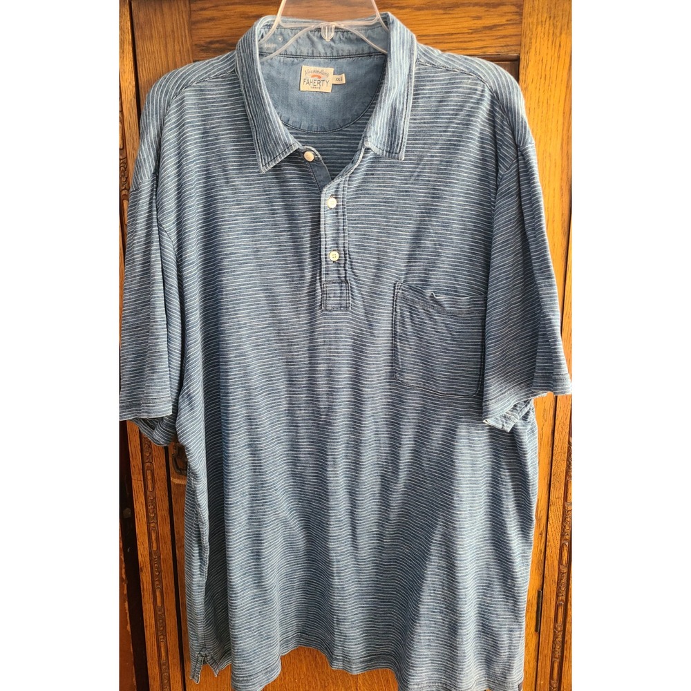 Faherty Brand Mens XXL Indigo Dyed Striped Cotton Short Sleeve Polo Shirt Blue